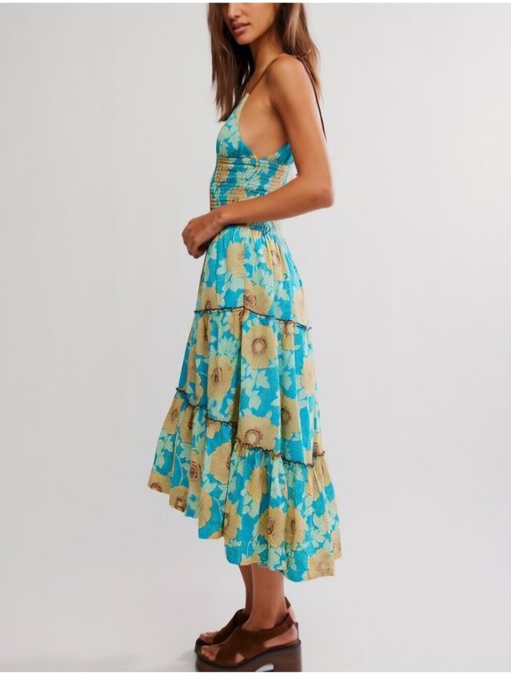 NWT Free People Hawaiian Ocean Combo Blue Smocked Tiered Midi Dress Size M - Picture 2 of 9